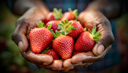 Close-up of two wrinkled hands (cupped hands full of fresh strawberries) of a farmer showing the harvest of red strawberries wet with dew. 