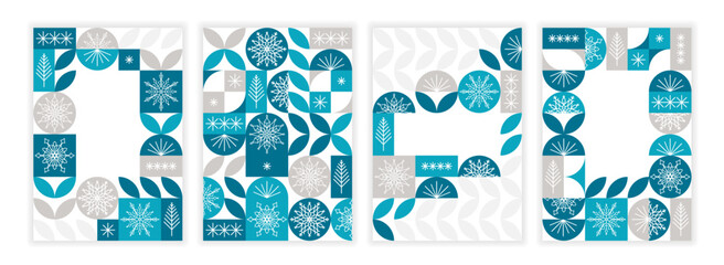 Set of Christmas banners with geometric pattern in blue colors, snowflakes and Christmas trees
 - obrazy, fototapety, plakaty