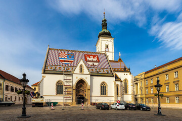 Zagreb, Croatia 10-9-2023 St. Mark is the parish church of old Zagreb, located in St. Mark's square and the oldest architectural monument in town, the roof tiles are the coat of arms of Croatia