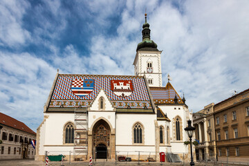 Zagreb, Croatia 10-9-2023 St. Mark is the parish church of old Zagreb, located in St. Mark's square and the oldest architectural monument in town, the roof tiles are the coat of arms of Croatia