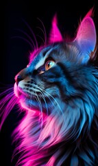 AI generated illustration of an adorable, blue-colored cat with unique pink hair gazes to the right
