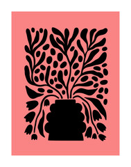 Abstract floral poster in modern style. Contemporary botanical wall art, garden bouquet. Blooms, leaves, branches silhouette in vase, trendy card, vertical decoration. Flat graphic vector illustration