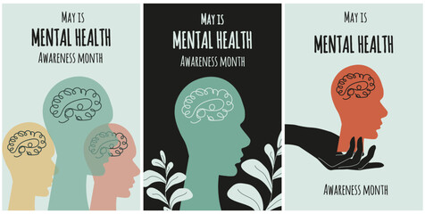 Set trendy retro Mental Health awareness month banner with brain in head. Mental Health poster in modern groovy style with brain and hand. Vector illustration can used web pages, flyer, card cover.