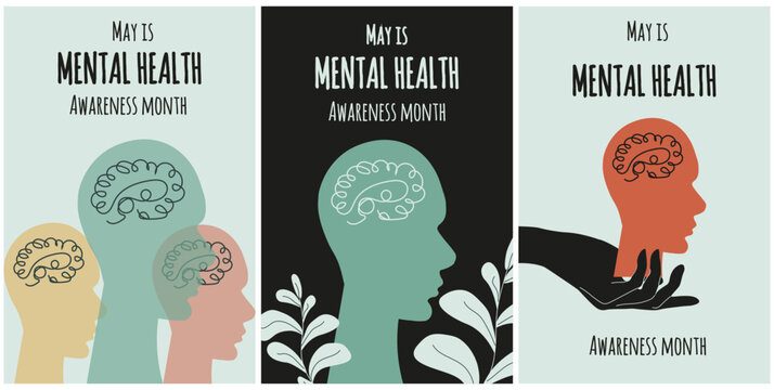 Set Trendy Retro Mental Health Awareness Month Banner With Brain In Head. Mental Health Poster In Modern Groovy Style With Brain And Hand. Vector Illustration Can Used Web Pages, Flyer, Card Cover.