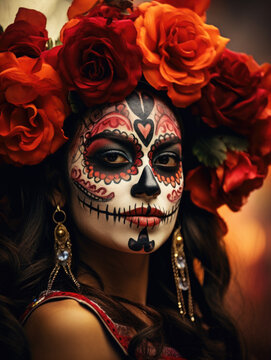 Cultural Heritage: Close-Up of Woman in Dia de los Muertos Makeup with Orange Floral Crown
