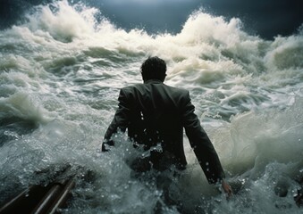 Obraz premium Un hombre de negocios angustioso se mete en un mar tormentoso