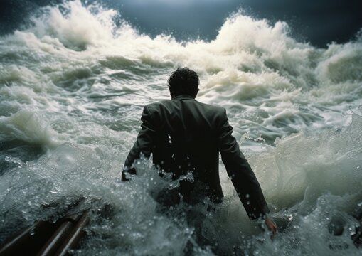 Un hombre de negocios angustioso se mete en un mar tormentoso
