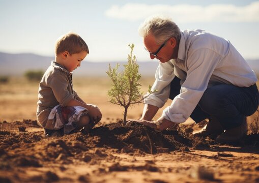 Un abuelo ayuda a su nieto a plantar un arbol