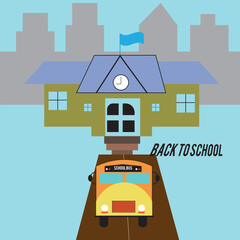 School and school bus . Yellow vehicle for transporting elementary schoolchildren cozy comfortable movement.