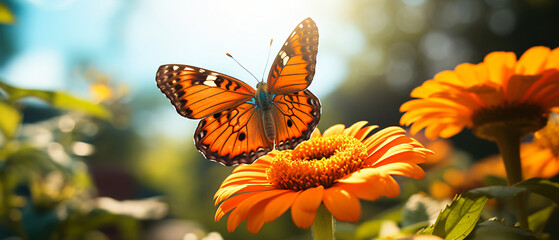 Beautiful cute yellow butterfly on orange flower.