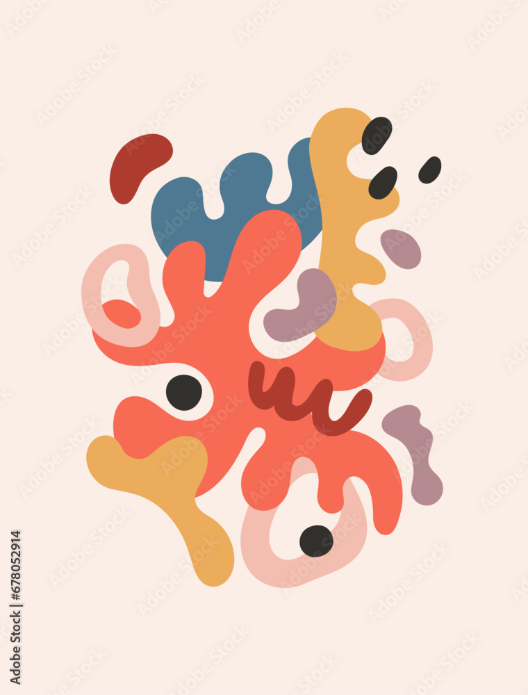Poster Modern abstract wall art. Trendy background with random creative shapes, fluid elements pattern. Stylish poster design, card with organic natural composition. Colored flat vector illustration