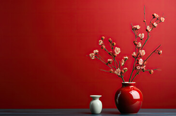 Red vase and some traditional Chinese plum blossom on a red background