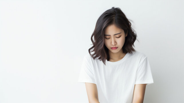 Portrait Of A Sad Asian Woman On Isolated Solid White Background