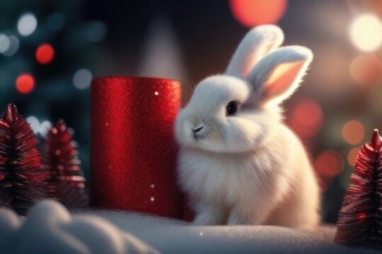 Fluffy white rabbit on the background of New Year's decor. AI generated.