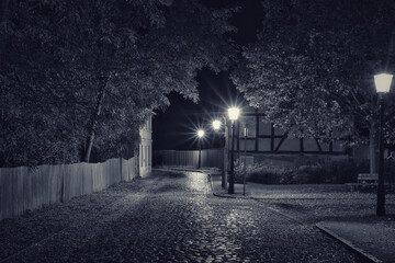 Street in Night - Strasse - Kopfsteinpflaster - Gasse - Laterne - Dunst - Nebel - Licht - Baruth -...