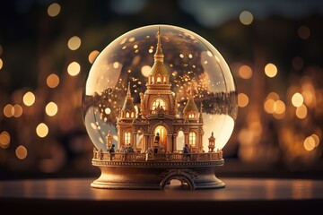 Castle in a glass ball on a wooden surface against a golden bokeh background. Generated by artificial intelligence