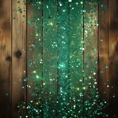 Wood table with green glitter copyspace. Generative ai. 