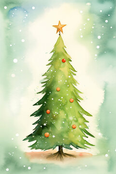 Christmas watercolor background. Christmas card. Christmas tree postcard