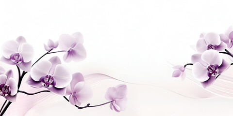 Branch of purple orchid close-up on white background with copy space. Banner.
