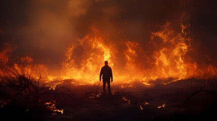 Obraz premium A man stands before a massive wildfire in a burnt field with dead trees under a smoky sky.