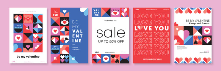 Set of Valentine's Day poster, greeting card, cover, label, sale promotion templates, pattern background in modern trendy geometric style. - obrazy, fototapety, plakaty