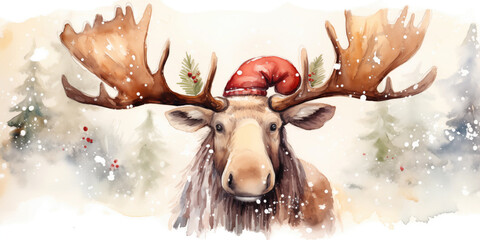 Christmas watercolor background. Christmas card. Adorable santa moose in a red hat