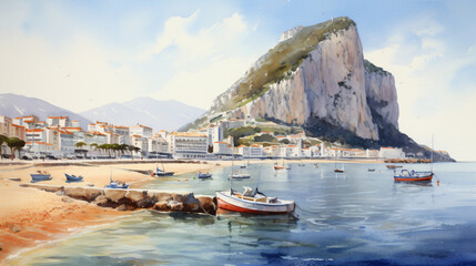 Beautiful view of the Rock of Gibraltar watercolor.