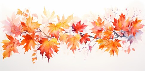 Naklejka na ściany i meble Delicate watercolor painting of autumn maple leaves in vibrant shades of orange, red, and yellow on a branch.