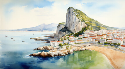 Beautiful view of the Rock of Gibraltar watercolor. - obrazy, fototapety, plakaty