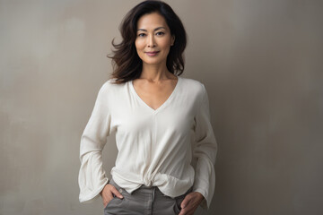 Portrait of a beautiful middle aged Asian woman who smiles standing in front of a clean backdrop