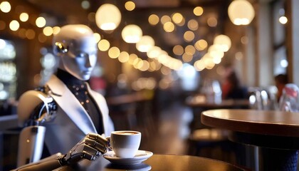 Fototapeta na wymiar Humanoide tomando café en un bar