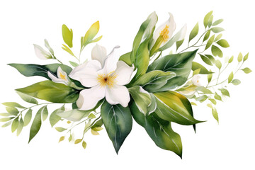 Watercolor of Tropical spring floral green leaves and flowers elements isolated on transparent background.