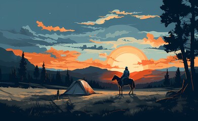 camping at sunset with a person on horseback and a tent.