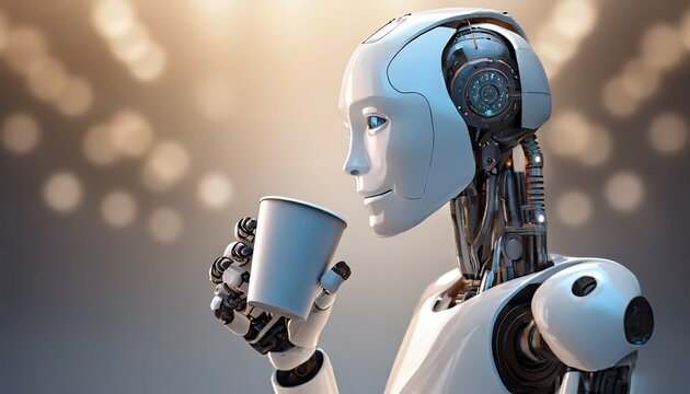 Humanoide tomando caf&eacute; en un bar