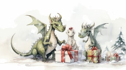 Family of dragons and gift boxes with ribbons. AI generated.