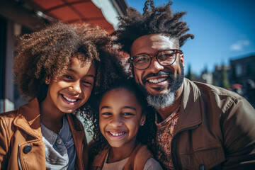 Cheerful black father with daughters standing near building porch in daylight - obrazy, fototapety, plakaty