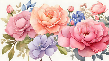 Watercolor illustration of bouquet of flowers. Colorful flower petals graphic. 