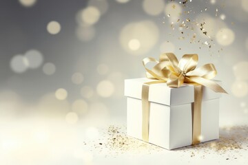 Fototapeta na wymiar Golden gift box with a bow and confetti on festive glittering dark bokeh background