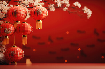 Fototapeta premium Red background with some red plum blossom flowers and lantern