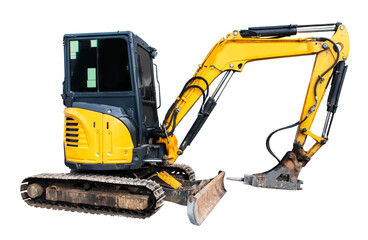 excavator on white background ,Medium-sized excavators are used for construction work, drilling into floors or concrete.