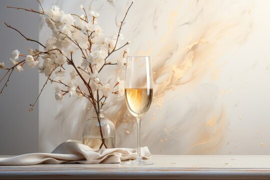 An elegant background image featuring a glass of champagne and flowers arranged in a glass bottle. Photorealistic illustration
