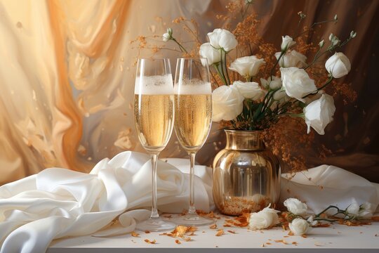 A sophisticated background image showcasing two glasses of champagne accompanied by white flowers arranged in a metal vase. Photorealistic illustration