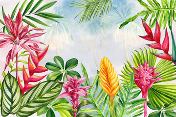Colorful Flowers, palm leaves. Watercolor Tropical floral background. Tropical wallpaper design with exotic plant 