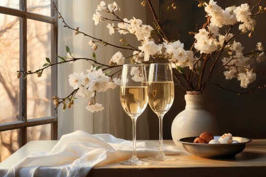 A captivating background image featuring two glasses of champagne on a table, accompanied by a white flower vase, with sunlight streaming through the window. Photorealistic illustration