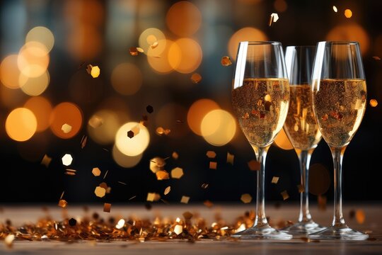 A festive background image featuring glasses of champagne, golden confetti, and a backdrop of blurred holiday lights, creating a joyful and celebratory ambiance. Photorealistic illustration