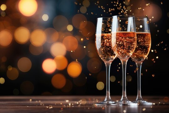 A festive background image showcasing glasses of champagne against a backdrop of blurred holiday lights, with ample space for customization. Photorealistic illustration