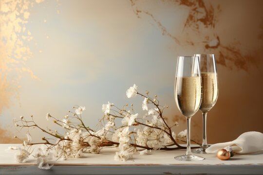 An elegant background image showcasing two glasses of champagne and white flowers arranged on a wooden table, with plenty of room for customization. Photorealistic illustration
