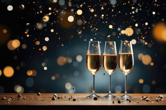 A festive background image featuring glasses of champagne, room for customization, and a magical ambiance with blurred holiday lights in the background. Photorealistic illustration