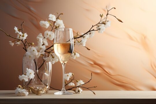A captivating background image featuring a glass of champagne and elegant white flowers arranged on a wooden table, providing room for personalization. Photorealistic illustration