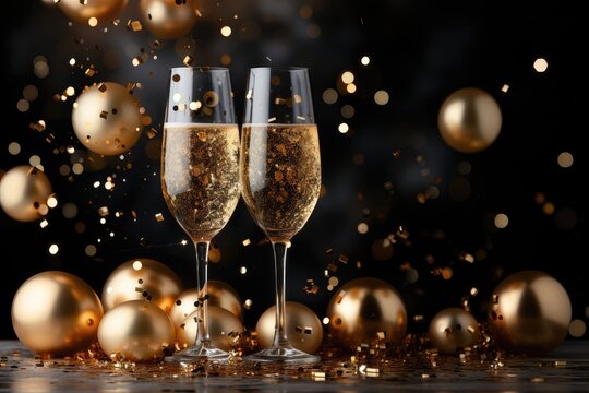 A festive background image featuring two glasses of champagne, golden confetti, and blurred holiday lights in the background, with ample room for customization. Photorealistic illustration